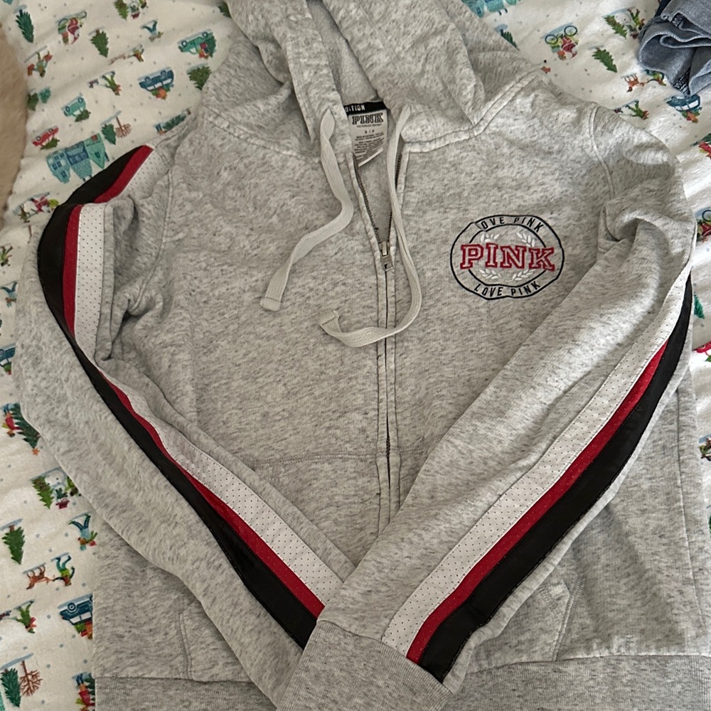 PINK Victoria's Secret Gray Zip-Up Sweater with Red and Black Stripes